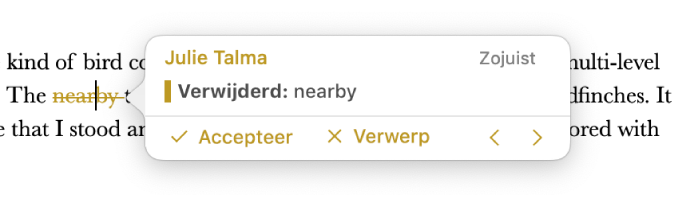 Verwijderde tekst met een geopende opmerking en de opties 'Accepteer' en 'Verwerp' en navigatiepijlen. Bij de bijgehouden wijziging worden de naam van de auteur en de datum weergegeven.
