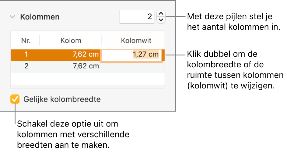 Paneel 'Lay-out' van het infovenster 'Opmaak', met kolomregelaars.