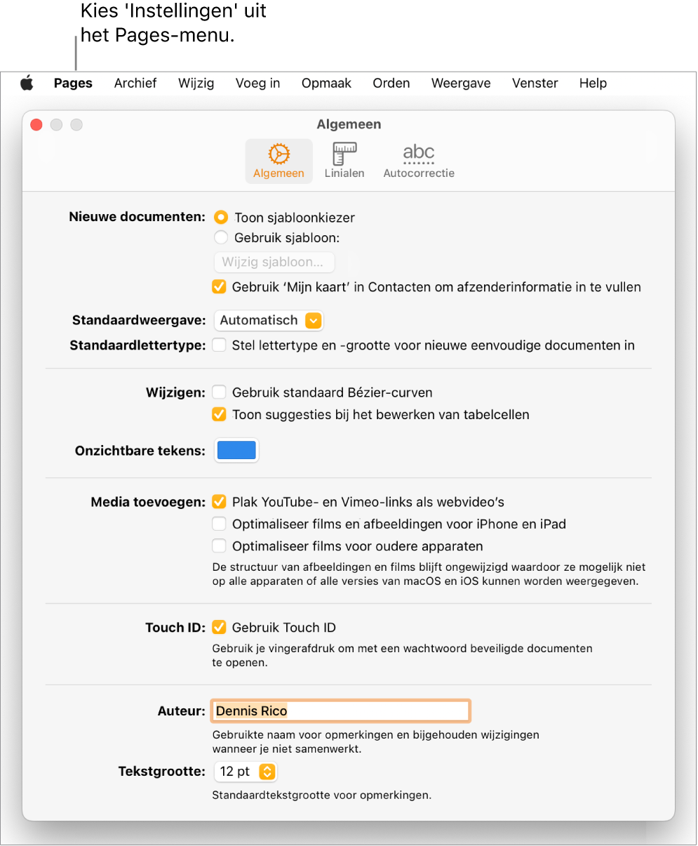 Het paneel 'Algemeen' in het instellingenvenster van Pages met instellingen voor nieuwe documenten, standaardweergave en standaardlettertype, wijzigen, vergelijkingen, onzichtbare tekens, toevoegen van media, Touch ID, auteursnaam en standaardtekstgrootte.