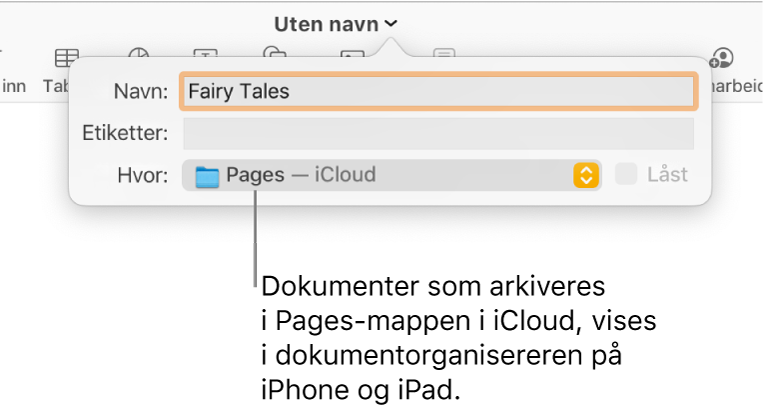 Arkiver-dialogruten for et dokument med Pages – iCloud i Hvor-lokalmenyen.