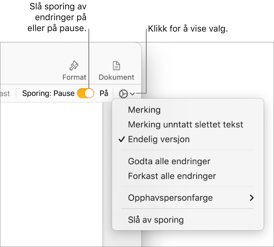 Menyen for sporingsvalg, med Slå av sporing nederst og forklaringer for Sporing på- og Pause-knappene.