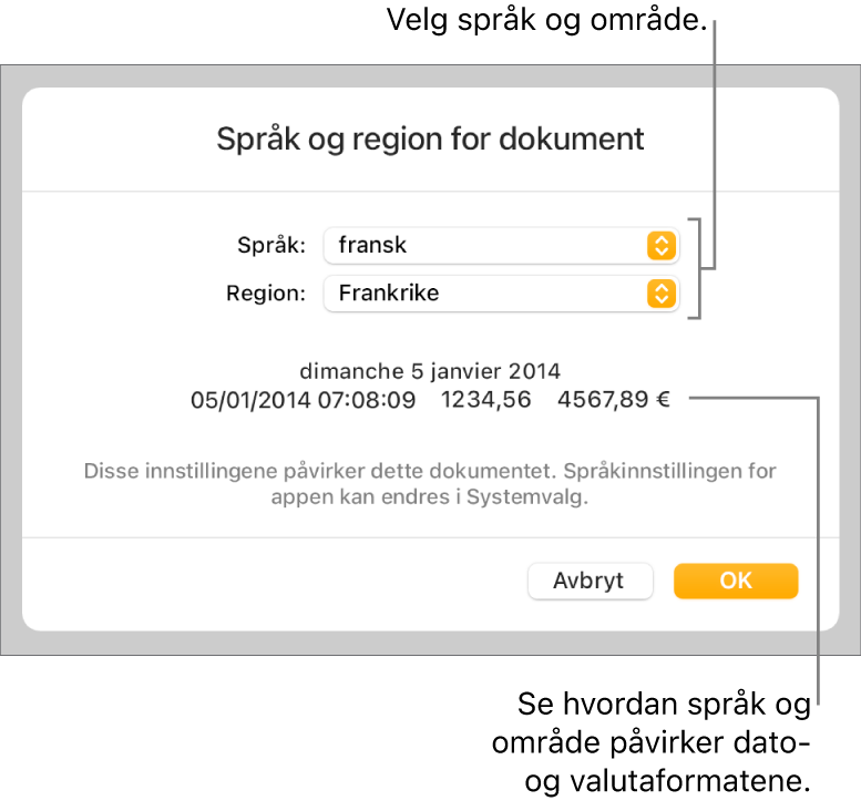 Språk og region-panelet med kontroller for språk og region, og et formateksempel med dato, klokkeslett, desimaler og valuta.