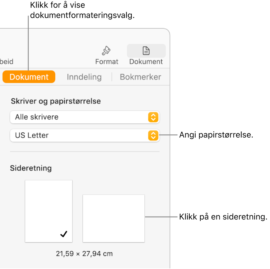 Dokument-sidepanelet med Dokument-fanen øverst i sidepanelet markert. I sidepanelet vises det en lokalmeny for å angi papirstørrelse og knapper for liggende og stående sideretning.