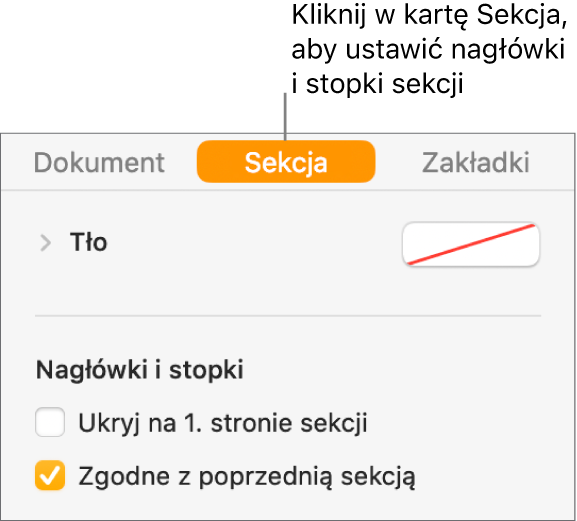 Pasek boczny Dokument z zaznaczoną na górze tego paska kartą Sekcja. W sekcji Nagłówki i stopki na pasku bocznym znajdują się pola wyboru obok etykiet „Ukryj na 1. stronie sekcji” oraz „Dopasuj do poprzedniej sekcji”.