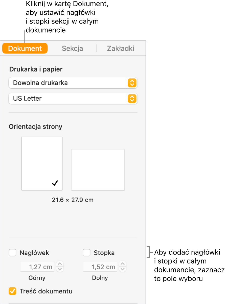 Pasek boczny Dokument z zaznaczoną na górze tego paska kartą Dokument. Poniżej pól wyboru Nagłówek oraz Stopka znajdują się strzałki umożliwiające zmianę odległości nagłówka i stopki od górnej i dolnej krawędzi strony.