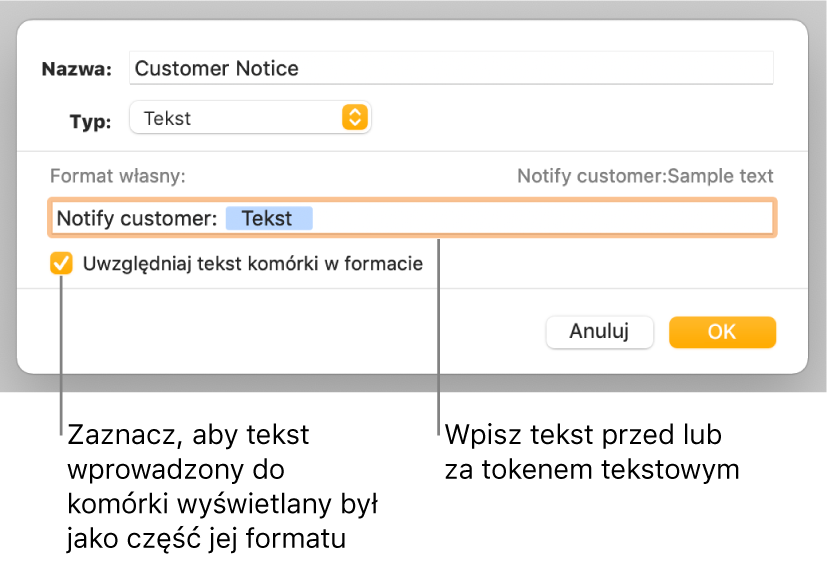 Okno własnego formatu z narzędziami wybierania własnego formatowania tekstu.