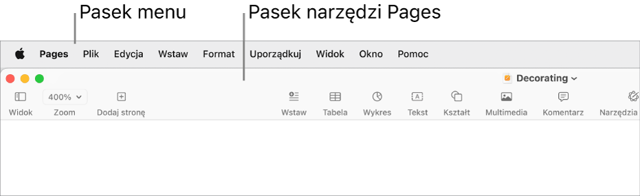 Pasek menu na górze ekranu, zawierający menu Apple, Pages, Plik, Edycja, Wstaw, Format, Uporządkuj, Widok, Okno oraz Pomoc. Poniżej paska menu widoczny jest otwarty dokument Pages, zawierający w górnej części pasek narzędzi z przyciskami Widok, Zoom, Dodaj stronę, Wstaw, Tabela, Wykres, Tekst, Kształt, Multimedia, Komentarz, Udostępnij i Format.