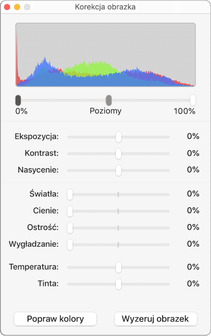 Okno korekcji obrazka, zawierające suwaki do ustawiania ekspozycji, kontrastu, nasycenia, świateł, cieni, ostrości, wygładzania, temperatury i tinty.