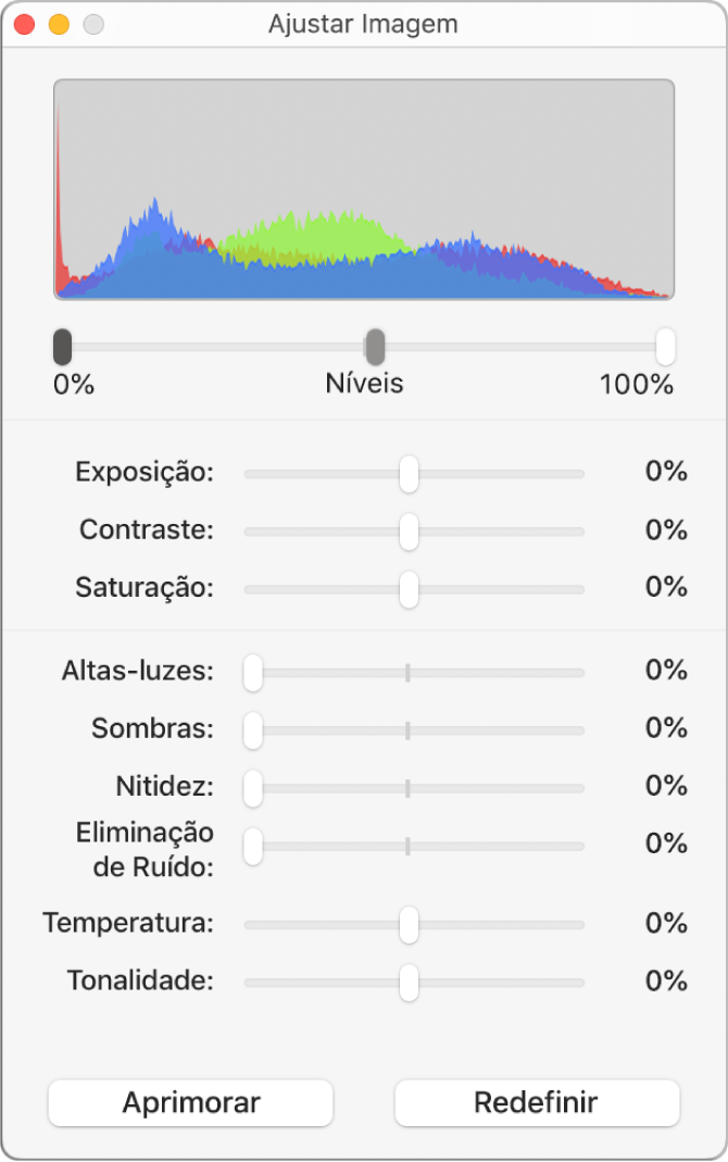 Janela Ajustar Imagem com controles deslizantes para ajuste de exposição, contraste, saturação, altas-luzes, sombras, nitidez, redução de ruído, temperatura e tonalidade.