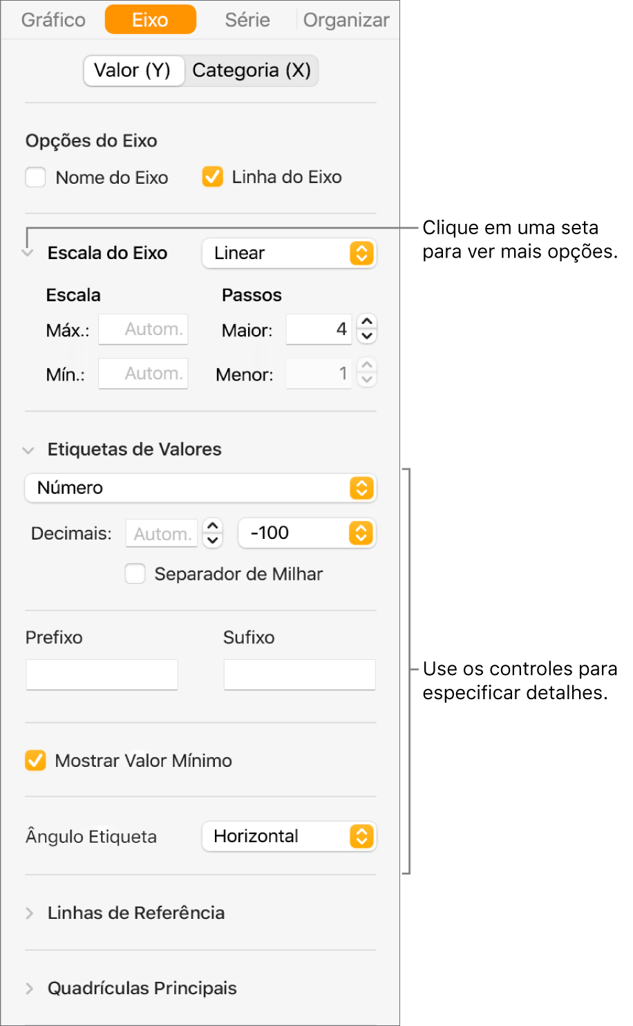 Controles para formatação de marcações de eixo do gráfico.