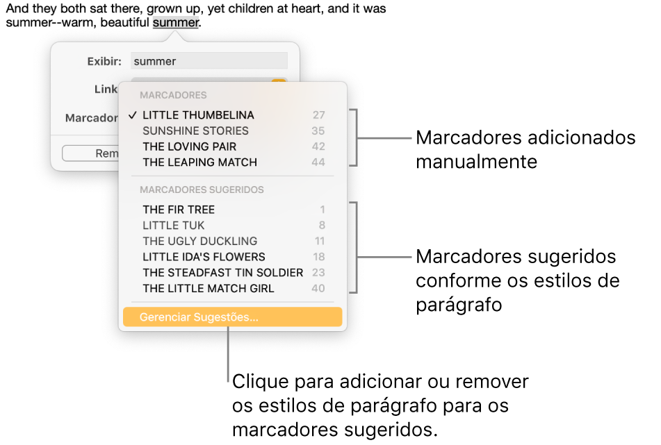 A lista de marcadores com os marcadores adicionados manualmente na parte superior e os marcadores sugeridos abaixo. O botão Gerenciar Sugestões fica na parte inferior.