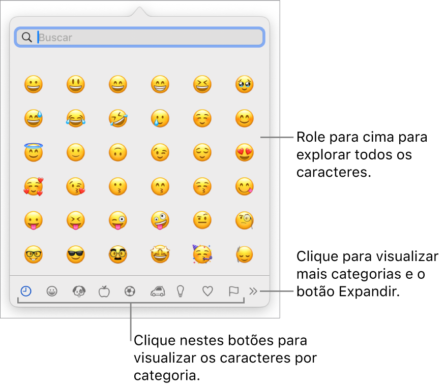 Visualizador de Caracteres mostrando emojis, botões para diversas categorias de símbolos na parte inferior, um botão para mostrar mais categorias e o botão Expandir.