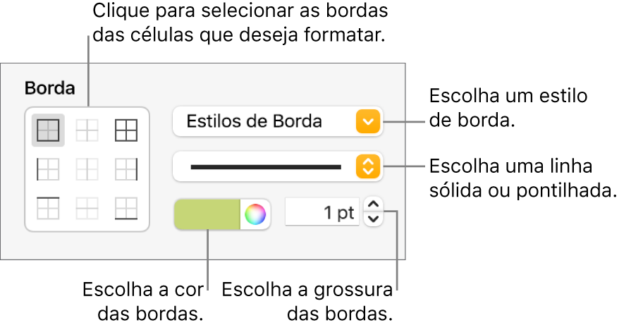 Controles para estilizar as bordas das células.