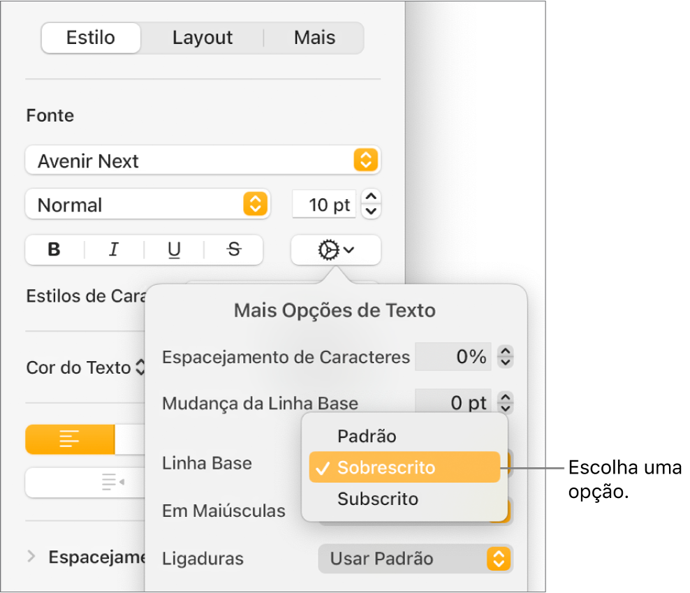 O menu Opções Avançadas com o menu pop-up “Linha Base” aberto, mostrando os itens de menu Padrão, Sobrescrito ou Subscrito.