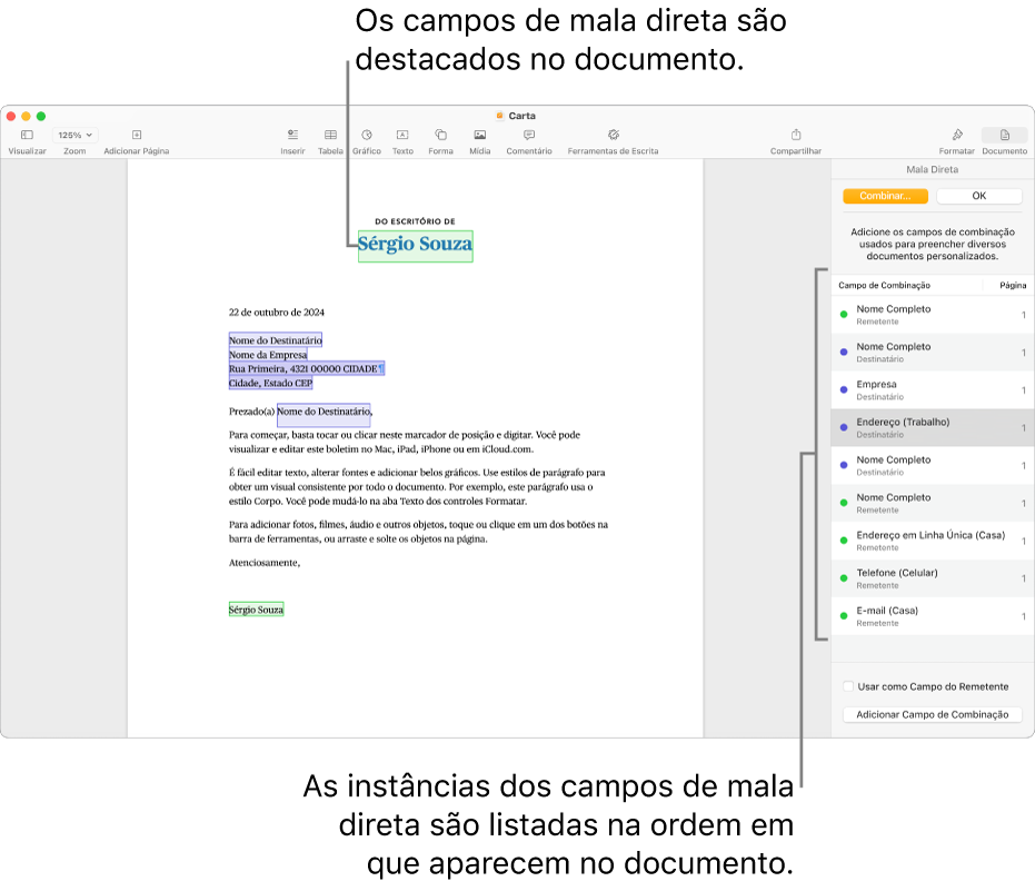 Documento do Pages com campos de destinatário e remetente de mala direta e a lista de instâncias de campos de mala direta visível na barra lateral Documento.