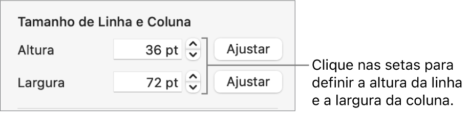 Controles para definir um tamanho exato de linha ou coluna.