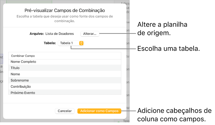 Painel “Pré-visualizar Campos de Combinação” aberto, com opções para alterar o arquivo ou tabela de origem, pré-visualizar os nomes dos campos de mala direta ou adicionar os cabeçalhos de colunas como campos.