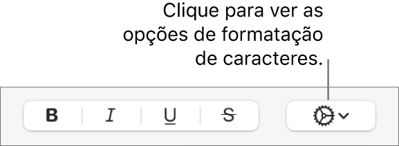 O menu pop-up “Opções avançadas” à direita dos botões “Negrito”, “Itálico”, “Sublinhado” e “Riscado”.