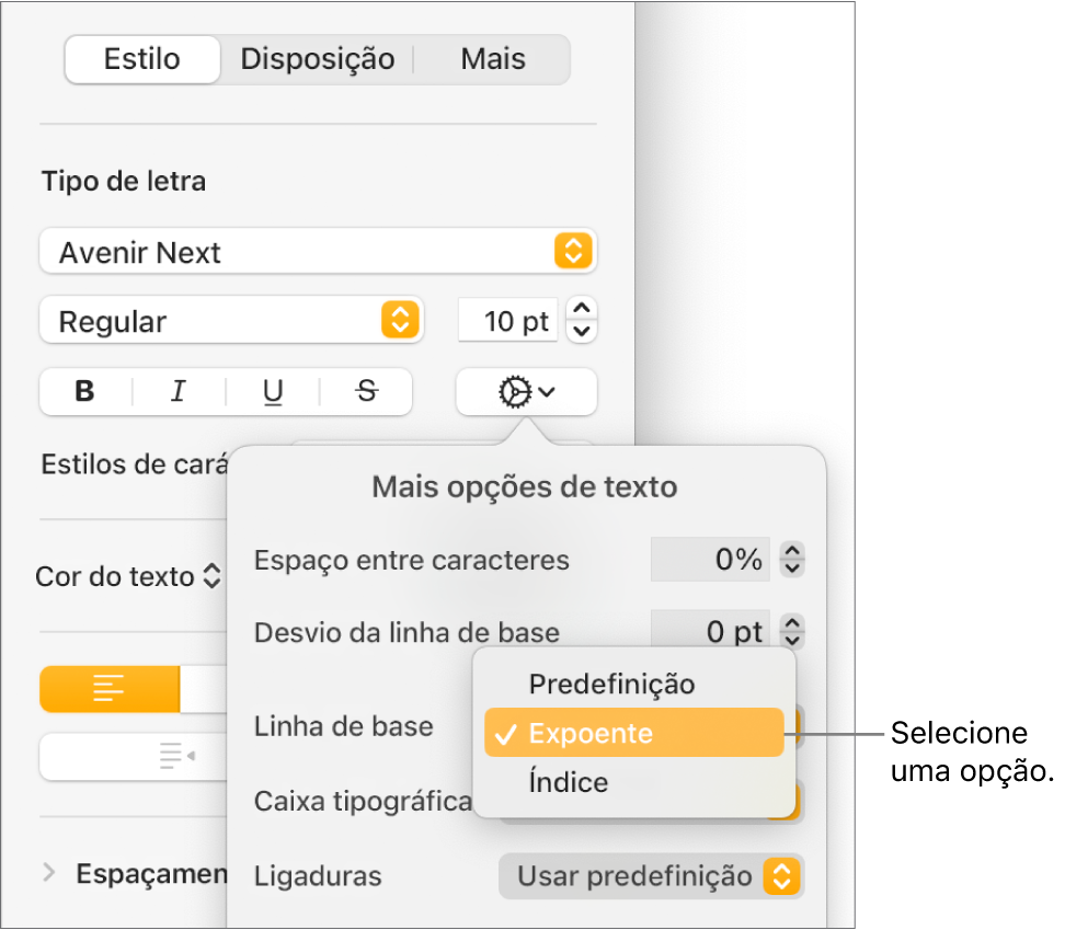 O menu “Opções avançadas” com o menu pop-up “Linha de base” aberto e que mostra os elementos de menu "Predefinição”, “Expoente” e “Índice”.