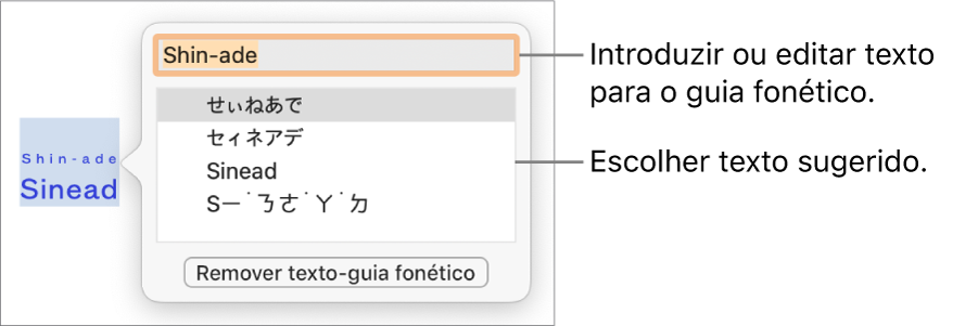 O guia fonético aberto para uma palavra, com referências ao campo de texto e texto sugerido.