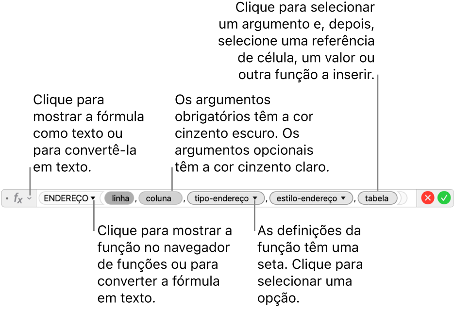 O Editor de fórmulas a mostrar a função ENDEREÇO e os respetivos símbolos de argumentos.