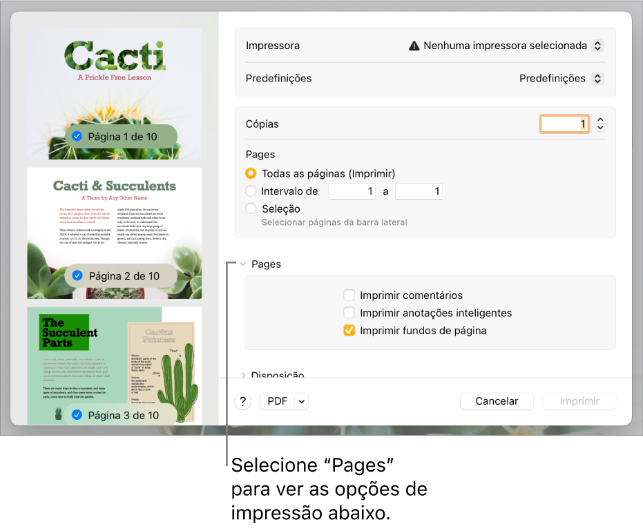 Caixa de diálogo de impressão com controlos para impressora, predefinições, cópias e intervalo de páginas. O Pages está selecionado no menu pop-up por baixo das definições do intervalo de páginas, seguido de opções assinaláveis para imprimir comentários, imprimir anotações inteligentes e imprimir fundos de página.