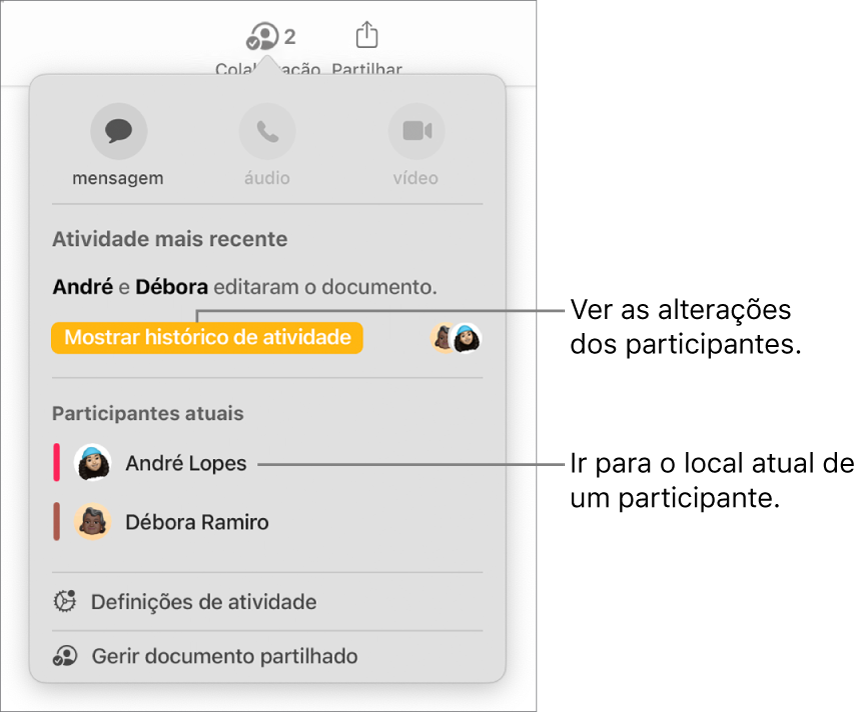O menu de colaboração com dois participantes atuais listados.