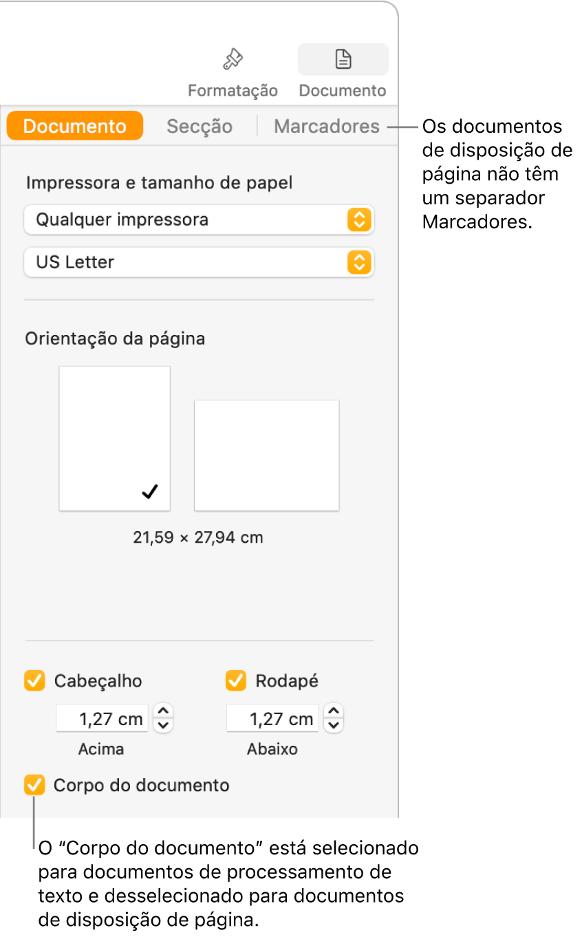 A barra lateral "Formatação” com os separadores “Documento”, “Secção” e “Marcadores” na parte superior. O separador "Documento” está selecionado e uma chamada para o separador "Marcadores” indica que os documentos de disposição de página não têm um separador “Marcadores”. Se a opção “Corpo do documento” estiver assinalada também indica que se trata de um documento de processamento de texto.