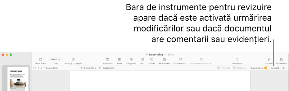 Bara de instrumente Pages cu urmărirea modificărilor activată și bara de instrumente pentru revizuire sub bara de instrumente Pages.