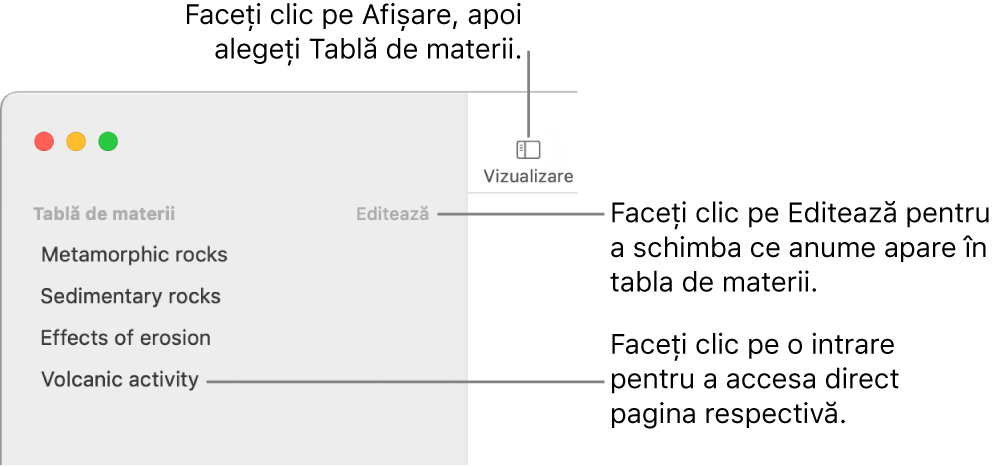 Tabla de materii din partea stângă a ferestrei Pages, cu butonul Editează în colțul dreapta sus al barei laterale și intrările dintr-o listă a tablei de materii.