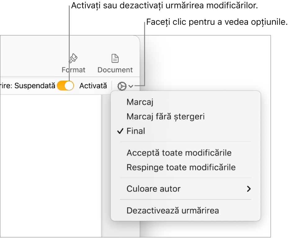 Meniu de opțiuni pentru urmărire afișând opțiunea Dezactivează urmărirea în partea de jos și explicații pentru butonul Urmărire activată și suspendată.