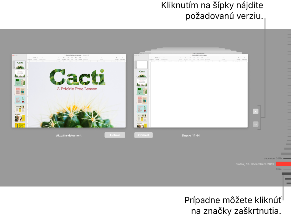 Časová os verzií zobrazujúca aktuálny dokument na ľavej strane a jeho poslednú verziu napravo.