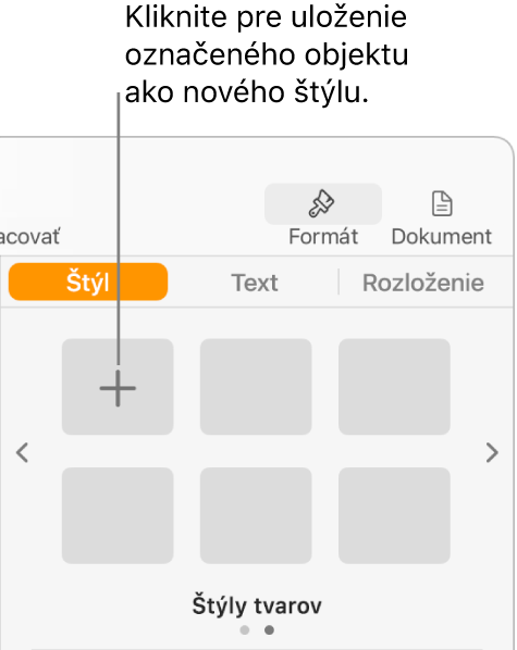 Záložka Štýl postranného panela Formát s tlačidlom Vytvoriť štýl v ľavom hornom rohu a piatimi prázdnymi vzorovými štýlmi.