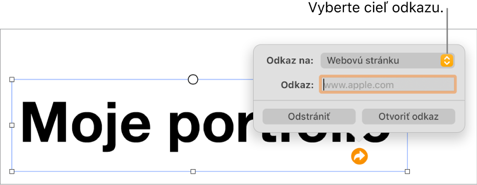 Ovládacie prvky editora odkazov s vybranou položkou Webová stránka a tlačidlami Odstrániť a Otvoriť odkaz v dolnej časti.