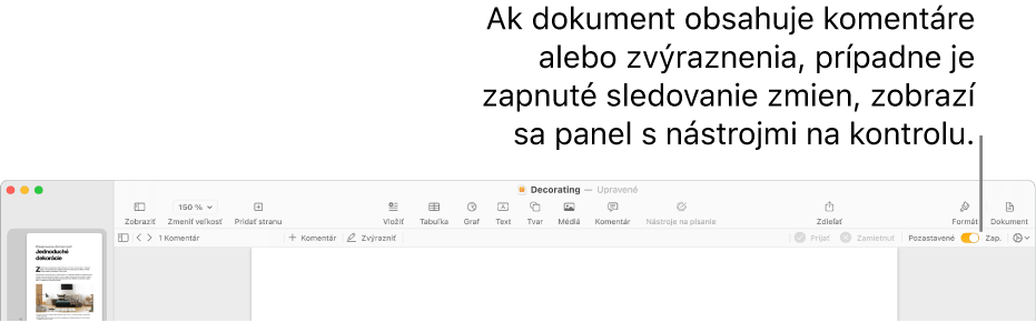 Panel s nástrojmi Pages so zapnutým sledovaním zmien a panel s nástrojmi revízií pod panelom s nástrojmi Pages.