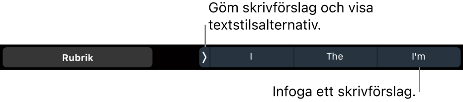 Touch Bar på MacBook Pro med reglage för att välja en textstil, gömma skrivförslag och infoga skrivförslag.