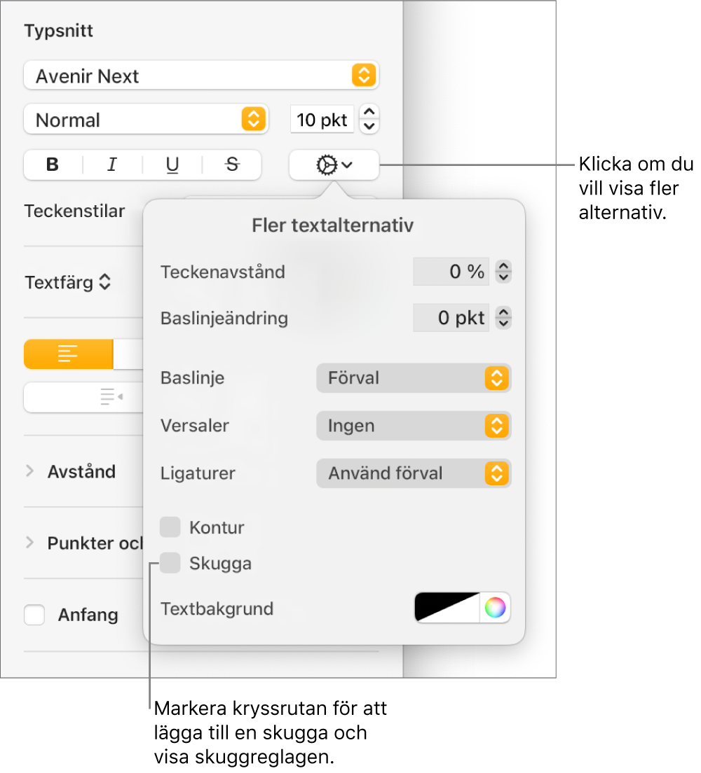 Menyn Avancerade alternativ är öppen med kryssrutan Skuggor markerad och reglage för inställning av oskärpa, förskjutning, opacitet, vinkel och färg.