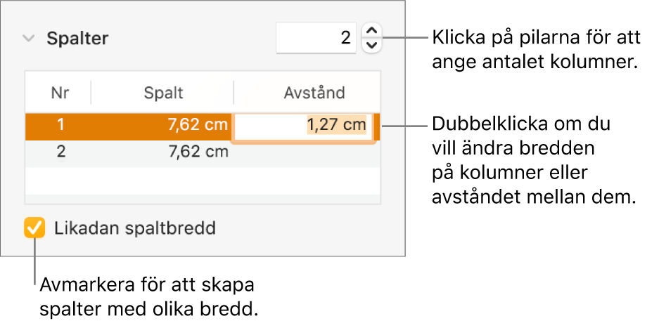 Layoutpanelen i formatgranskaren med spaltreglage.