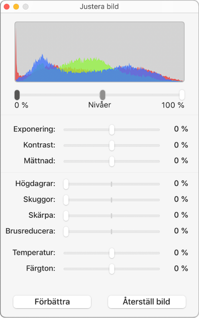 Fönstret Justera bild med reglage för exponering, kontrast, mättnad, högdagrar, skuggor, skärpa, brusreducering, temperatur och nyans.