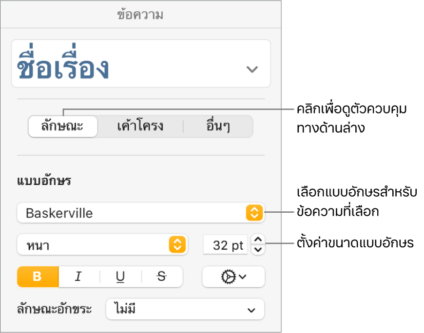 ตัวควบคุมข้อความในส่วนลักษณะของแถบด้านข้างรูปแบบสำหรับตั้งค่าแบบอักษรและขนาดแบบอักษร