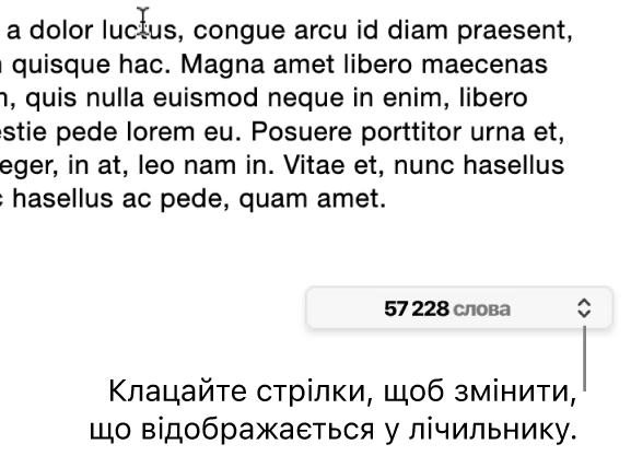 Меню лічильника слів, у якому показано кількість слів у документі.