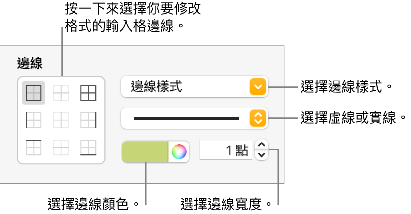 用於設定輸入格邊線樣式的控制項目。