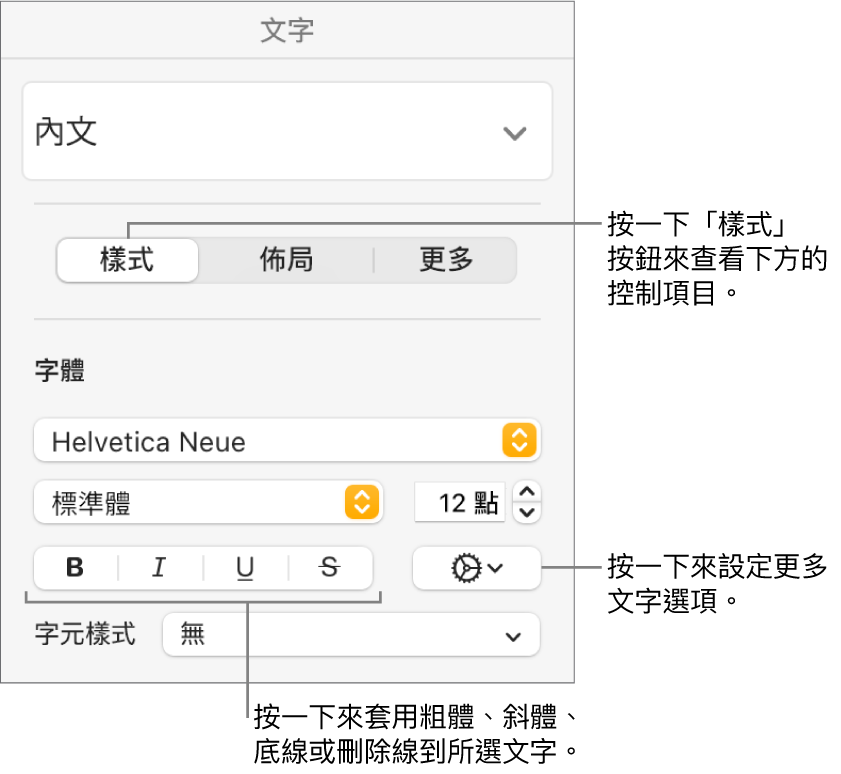 「格式」側邊欄中帶有說明文字（如「粗體」、「斜體」、「底線」和「刪除線」按鈕）的「樣式」控制項目。