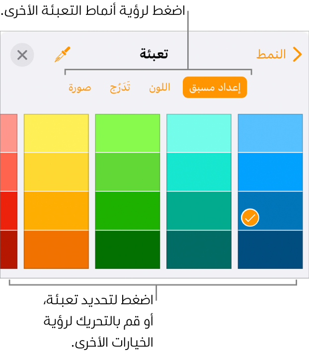 خيارات تعبئة في علامة تبويب النمط الخاص بزر التنسيق.