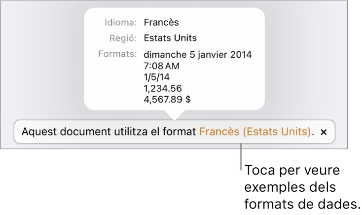 La notificació de la diferència de configuració d’idioma i regió, amb exemples del format d’aquell idioma i regió.