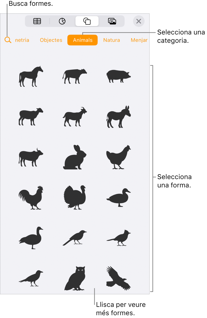 La biblioteca de formes, amb categories a la part superior i les formes a sota. Pots utilitzar el botó de cerca situat a la part superior per trobar formes i passar el dit per veure’n més.