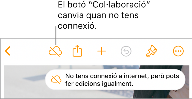 Els botons a la part superior de la pantalla, amb el botó “Col·laboració” canviat a un núvol amb una línia diagonal a sobre. Una alerta a la pantalla amb el missatge “No tens connexió a internet, però pots fer edicions igualment”.