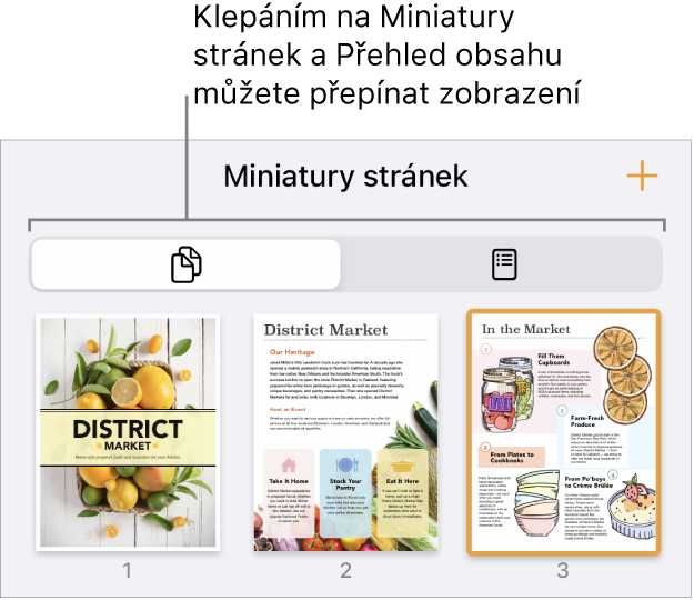 Zobrazení miniatur stránek s miniaturním obrázkem každé stránky U dolního okraje obrazovky se nachází tlačítko Miniatury stránek a tlačítko Obsah