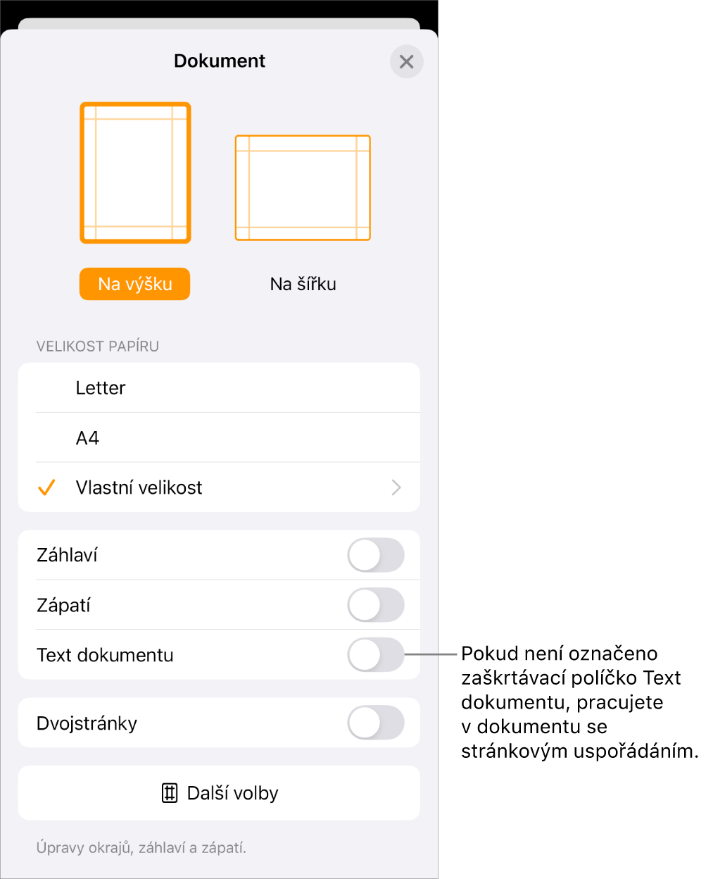 Otevřené Nastavení dokumentu s nezaškrtnutým políčkem Text dokumentu v dokumentu se stránkovým uspořádáním