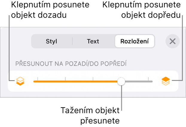 Tlačítko pro přesun vzad, tlačítko pro přesun vpřed a posuvník vrstev